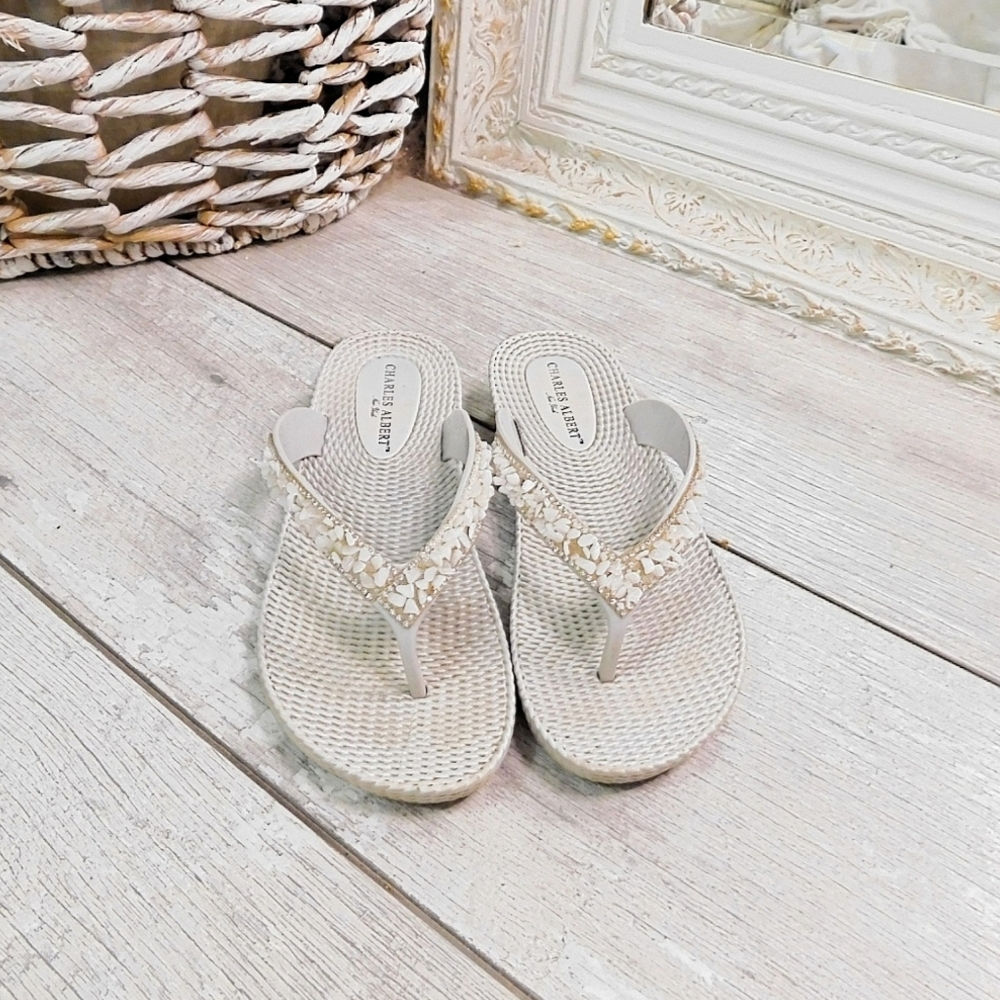 CHARLES ALBERT GRAY TAUPE BEADED & JEWELED SLIDES - Picture 3 of 5